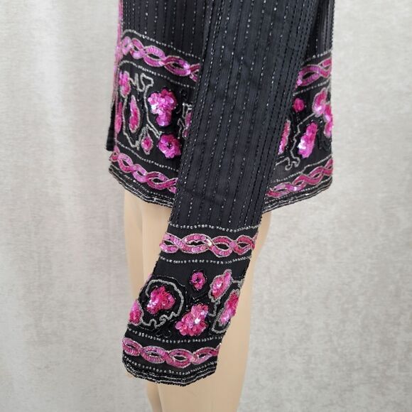 Papell Boutique Vintage Silk Fully Beaded Sequin Jacket Black Fuschia Women's XL - Picture 5 of 12